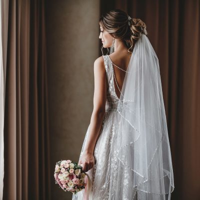 Gorgeous bride in a beautiful dress. Morning newlyweds.